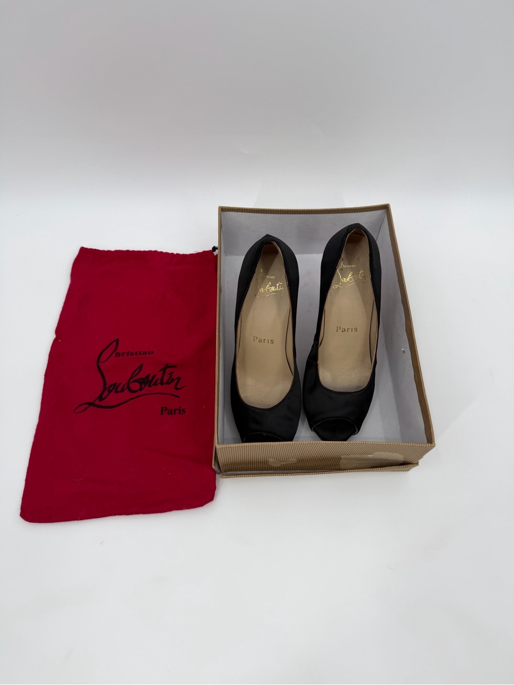 Christian Louboutin Black Satin Peep-Toe Pumps with Red Dust Bag